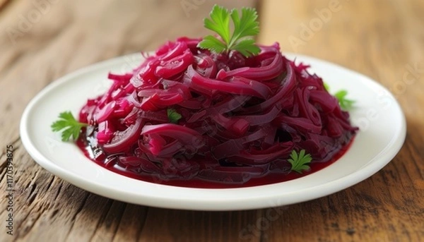 Fototapeta Sweet and Sour Red Cabbage Salad with Fresh Herbs on a Wooden Table