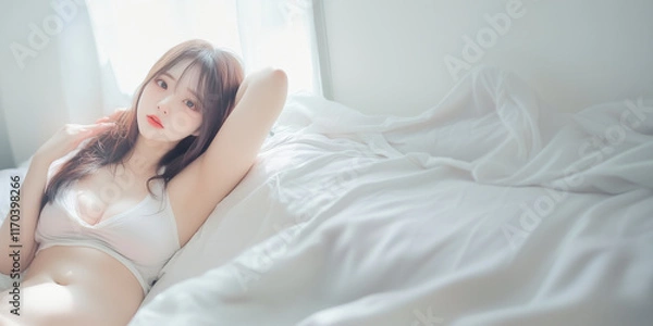 Obraz 朝、寝起きにくつろぐ女性。写真風素材。