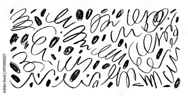 Fototapeta Collection of crayon drawn squiggles, curly lines and dots. Hand drawn curly strokes for notes, childish style design. Simple scribbles, doodle rough lines, dots and squiggles. Vector ink elements.