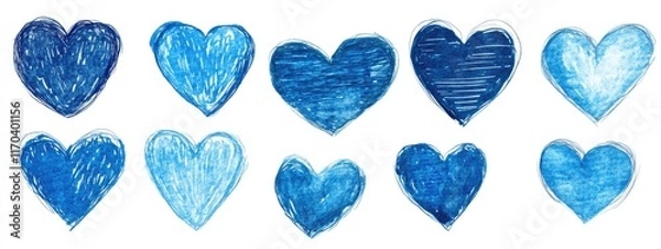 Obraz Hand drawn blue heart shape photo set on white background.