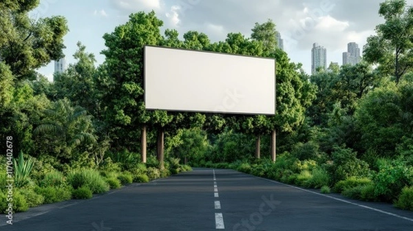 Obraz A Blank Billboard on a Scenic Road Surrounded by Lush Green Trees Under a Clear Blue Sky Capturing the Essence of Nature and Open Spaces
