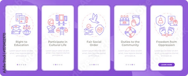 Fototapeta Social culture rights app onboarding screens. Duo tone vector illustration. UI design flow. 5 steps walkthrough mobile interface slide layout. Montserrat SemiBold, Regular fonts used