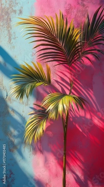 Fototapeta Vibrant Palm Fronds Gracefully Cast Shadows on a Colorful Wall: Close-Up Photo. AI Generated