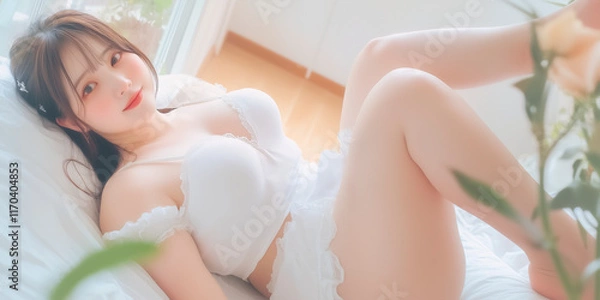 Fototapeta 朝、寝起きにくつろぐ女性。写真風素材。