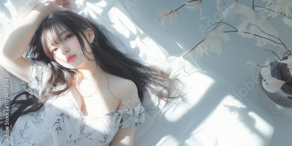 Obraz 朝、寝起きにくつろぐ女性。写真風素材。