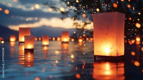Fototapeta Glowing lanterns floating on tranquil lake, dusk, sparks