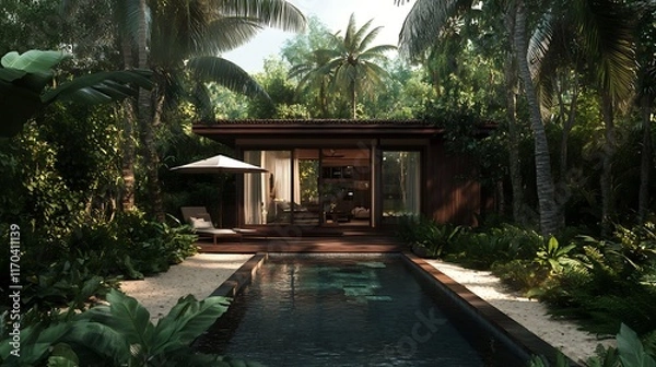 Fototapeta tropical villa with palm trees and private pool