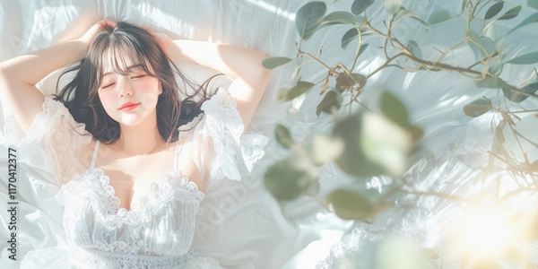 Fototapeta 朝、寝起きにくつろぐ女性。写真風素材。