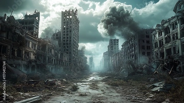 Fototapeta Desolate Cityscape Showing Ruined Buildings After Catastrophe