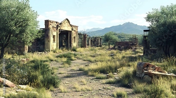 Fototapeta Overgrown Ruins of a Village Nestled in Mountains