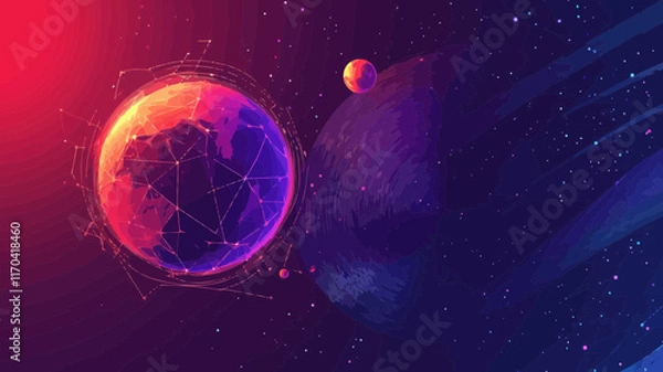 Fototapeta Low Poly Earth and Moon in Outer Space with Polygonal Mesh and Connected Dots for Solar System Exploration Concept