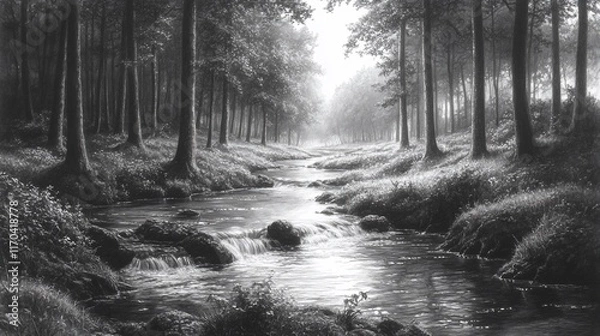 Fototapeta Serene Stream Flows Through A Tranquil Wooded Area