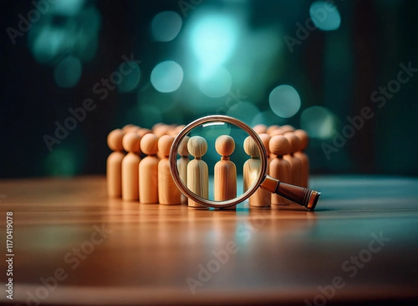 Fototapeta A magnifying glass focuses on a single light-colored wooden figure within a group of similar figures, highlighting the importance of individual selection from a crowd.