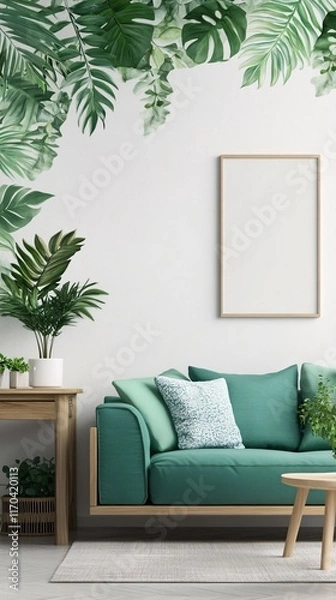 Fototapeta Stylish living room with a teal sofa and tropical leaf decor, surrounded by greenery for a fresh and inviting atmosphere.