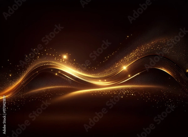 Fototapeta Elegant golden waves shimmer on a dark background, sparkling with glittering dust and light.  The flowing lines create a luxurious and sophisticated feel.