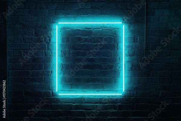 Fototapeta A glowing turquoise neon frame against a dark brick wall background with copy space