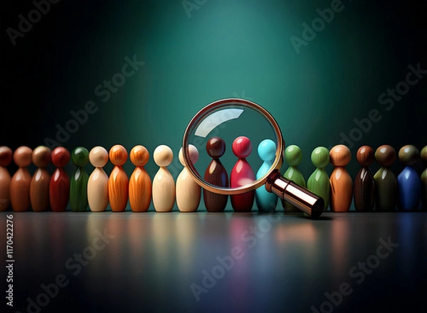 Fototapeta A magnifying glass focuses on a diverse group of wooden figurines, highlighting the importance of individual selection from a large pool of candidates.  The image emphasizes careful scrutiny and diver