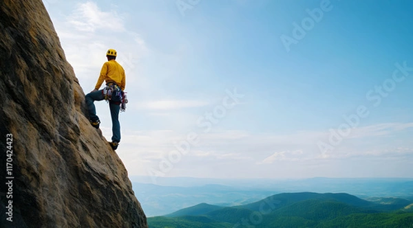 Fototapeta A climber in yellow gear ascends a rocky cliff, overlooking a vast landscape under a clear blue sky.
