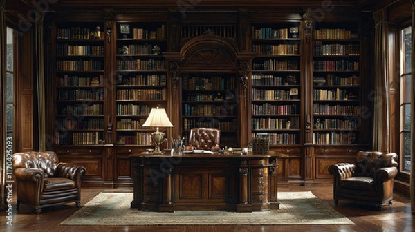 Obraz Classic home library with desk and leather chairs.