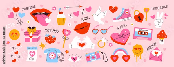 Fototapeta Valentines day elements set. Gifts, hearts, envelopes, candy. Vector illustration in cartoon style. Perfect for stickers and greeting cards and posters