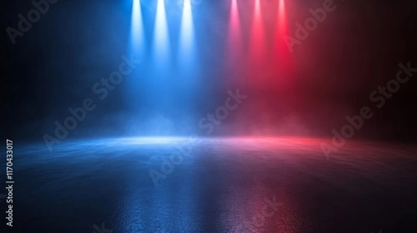 Fototapeta Abstract background with blue and red light rays in a dark room with fog and a reflective floor