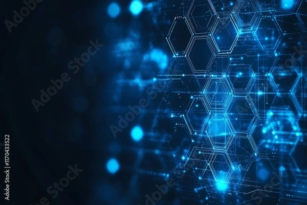 Fototapeta Abstract background with blue glowing hexagons, futuristic and technological wallpaper