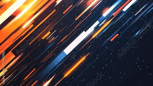 Fototapeta Abstract background with dynamic lines and glowing elements, featuring a color palette of orange, blue, white, and black