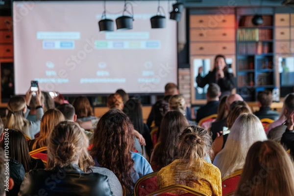 Obraz Large audience attending a speaker's presentation in a conference room focused on business ideas and networking. The event includes impactful visuals on the screen to convey messages.