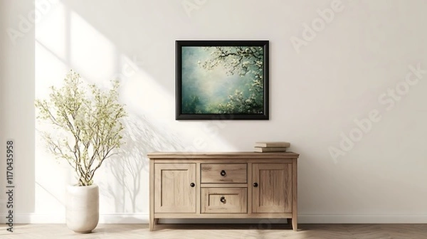 Fototapeta picture frame mockup on white wall with soft shadows and neutral-toned furniture