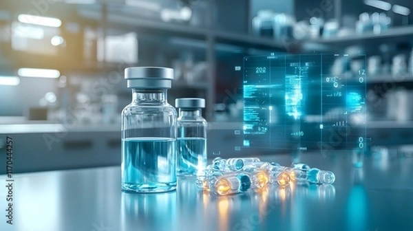 Fototapeta A quantum powered virtual twin simulation showcasing the stability of vaccines across various climate conditions with glowing holographic environmental data and analytics displayed