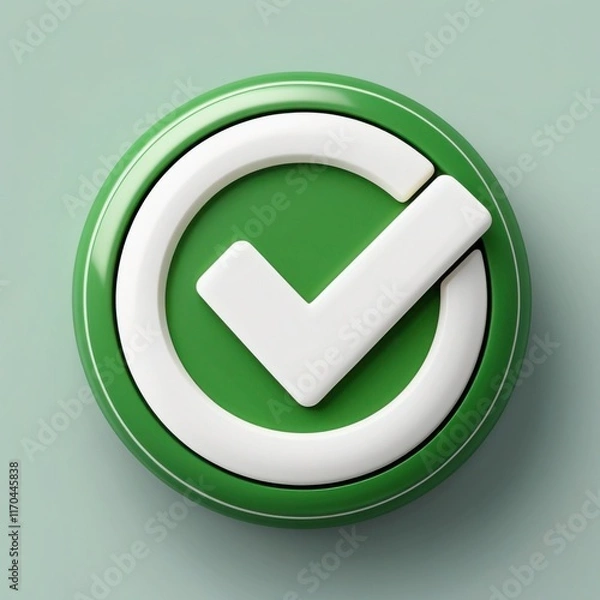 Fototapeta A 3D green circular button featuring a bold white check mark, symbolizing approval, correctness, or completion in a clean and minimal cartoon style."