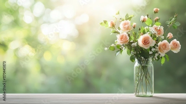 Fototapeta Fresh Peach Roses in Clear Vase on Wooden Table