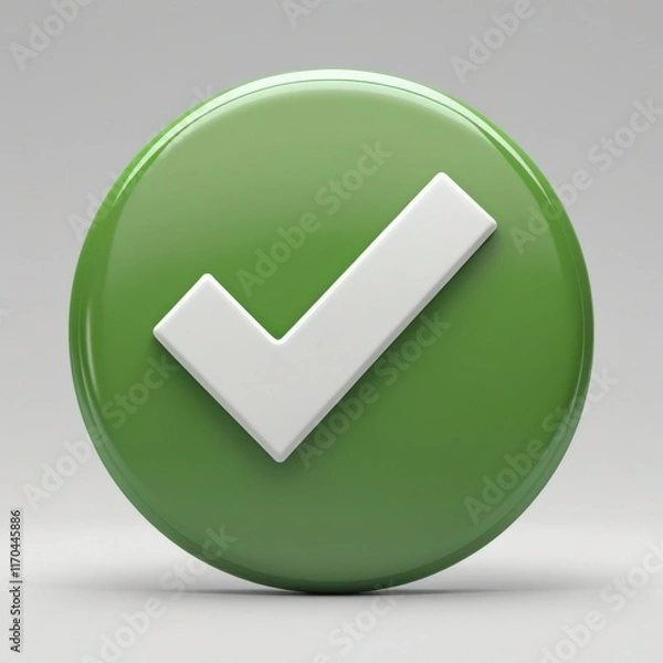 Fototapeta A 3D green circular button featuring a bold white check mark, symbolizing approval, correctness, or completion in a clean and minimal cartoon style."