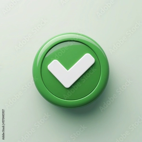 Fototapeta A 3D green circular button featuring a bold white check mark, symbolizing approval, correctness, or completion in a clean and minimal cartoon style."