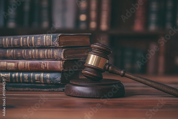 Fototapeta A professional close-up image of a wooden judge's gavel resting on its base, placed on a judge's desk.