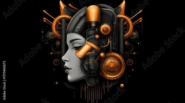 Fototapeta Metallic Dreams: A cyborg woman's serene face, adorned with intricate steampunk gears and copper accents.