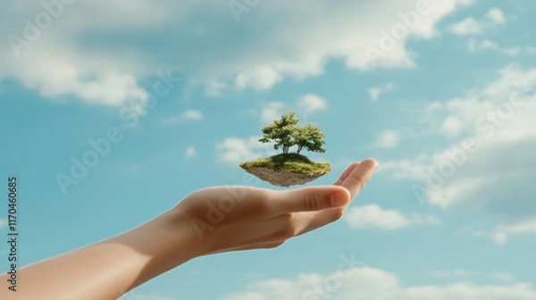 Fototapeta Hand reaching out to touch floating island with tree in surreal sky