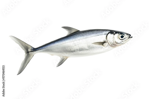 Fototapeta Fresh sardine fish with detailed scales and fins isolated on white transparent background, symbolizing canned seafood