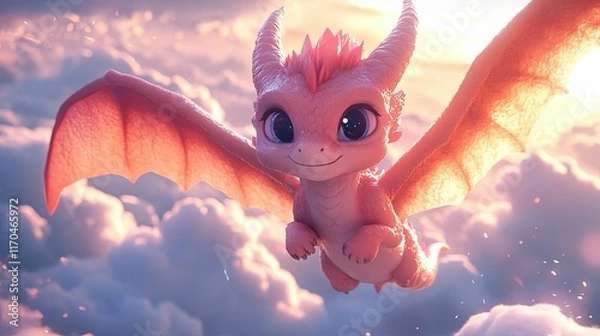 Obraz Cute pink dragon flying in sunset clouds.