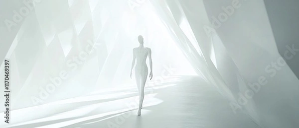 Fototapeta Glowing Geometric Humanoid Figure in Minimalist White Digital Artwork