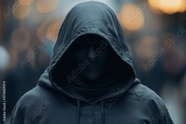 Obraz Mysterious figure in a dark hooded cloak and face mask, standing in a blurred urban background.