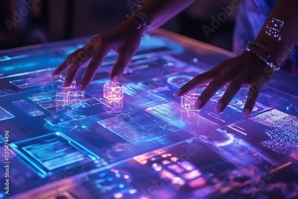 Obraz Hands Assembling Glowing Parts with Digital Instructions Projected in a High Tech Environment