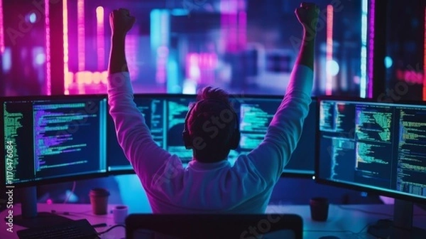 Fototapeta Programmer celebrates coding success, arms raised in victory, surrounded by multiple monitors displaying lines of code in a vibrant, neon-lit room.