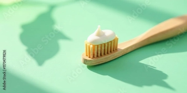 Fototapeta Bamboo toothbrush with a dollop of paste in sunlight