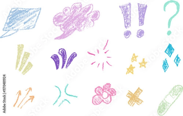 Fototapeta Various hand drawn crayon shape elements. Pencil sketch design of scribble lines, spirals and grunge arrows. Crayon pencil style isolated on white background