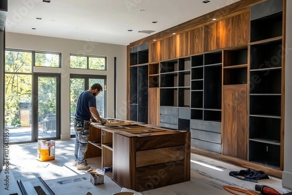 Obraz Carpenter Installing Custom Cabinets in Modern Home Office with Natural Lighting