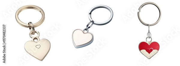 Fototapeta A collection of heart-shaped keychains in various designs, showcasing metallic finishes and distinct colors.