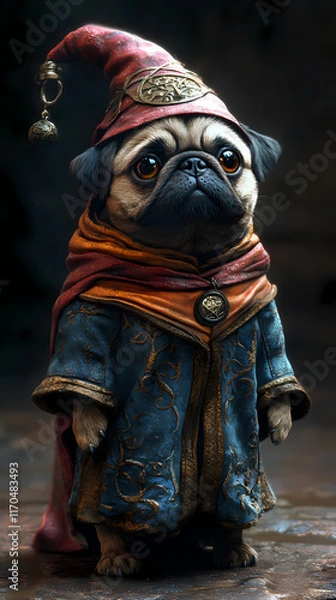 Fototapeta Pug dressed as a wizard in elaborate costume with a magical vibe