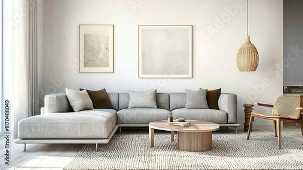 Fototapeta Simple Modern Living Room Design with Gray Sofa and Sleek Decorative Elements