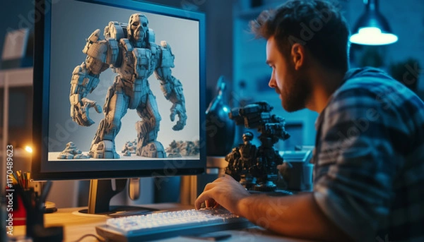 Fototapeta game designer working on a 3D character for new video game in his studio